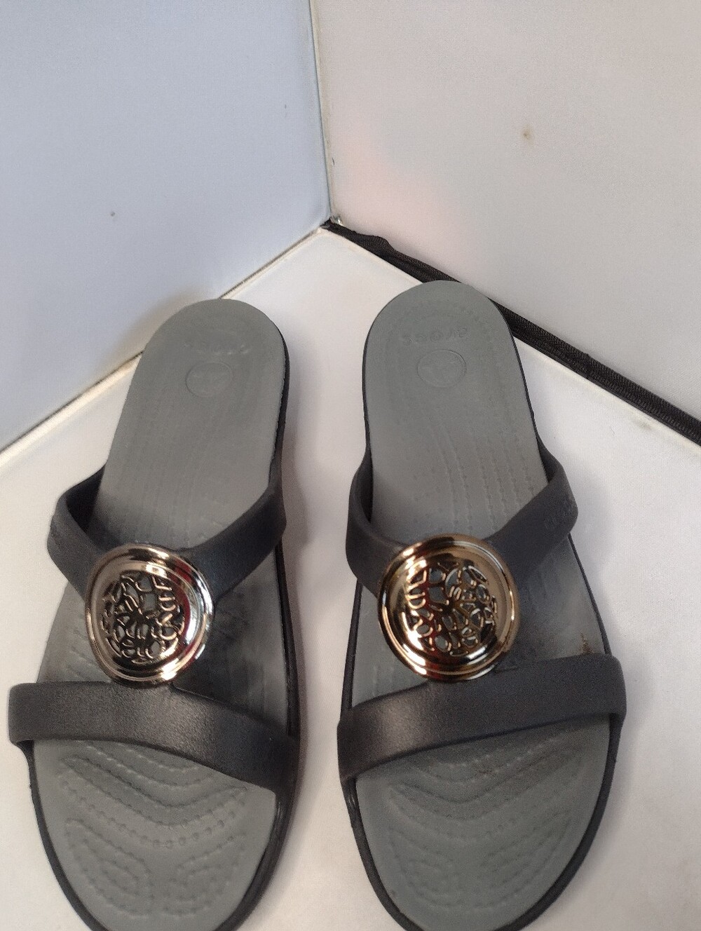 Crocs Sanrah Medallion Sandals Womens Size 9 Black Slide Comfort Slip On K